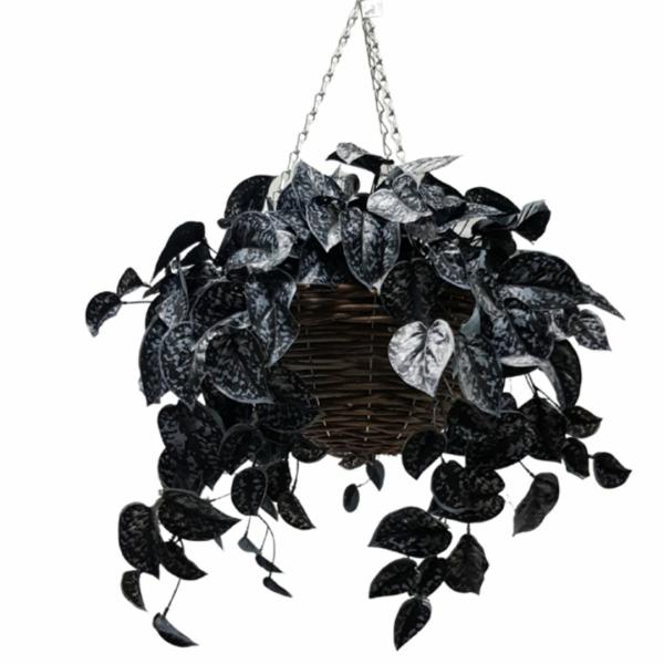 Hanging Plants And Baskets |  Artificial Black Scindapsus In Rattan Hanging Basket Artificial Plants Hanging Plants And Baskets