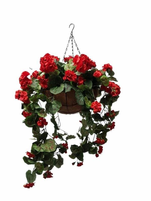 Hanging Plants And Baskets |  Artificial Geranium Plant Red In Rattan Hanging Basket Artificial Plants Hanging Plants And Baskets