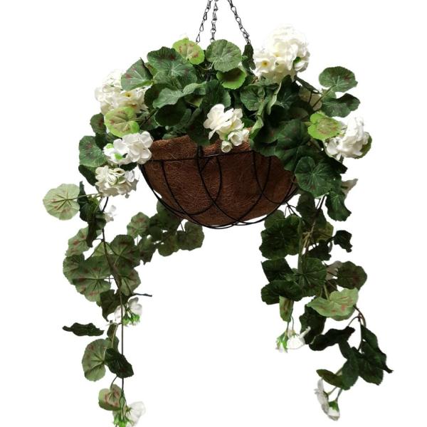 Hanging Plants And Baskets |  Artificial Geranium Plant White In Rattan Hanging Basket Artificial Plants Hanging Plants And Baskets