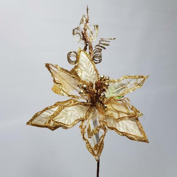 Metallic Bling & Sparkle |  Poinsettia Glitter Pick Gold 30Cm Artificial Flowers Metallic Bling & Sparkle